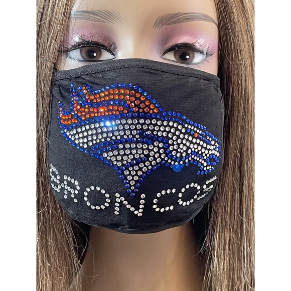 Denver Broncos Bling Rhinestone Face Mask Front Logo Clear Letters - Picture 6 of 10